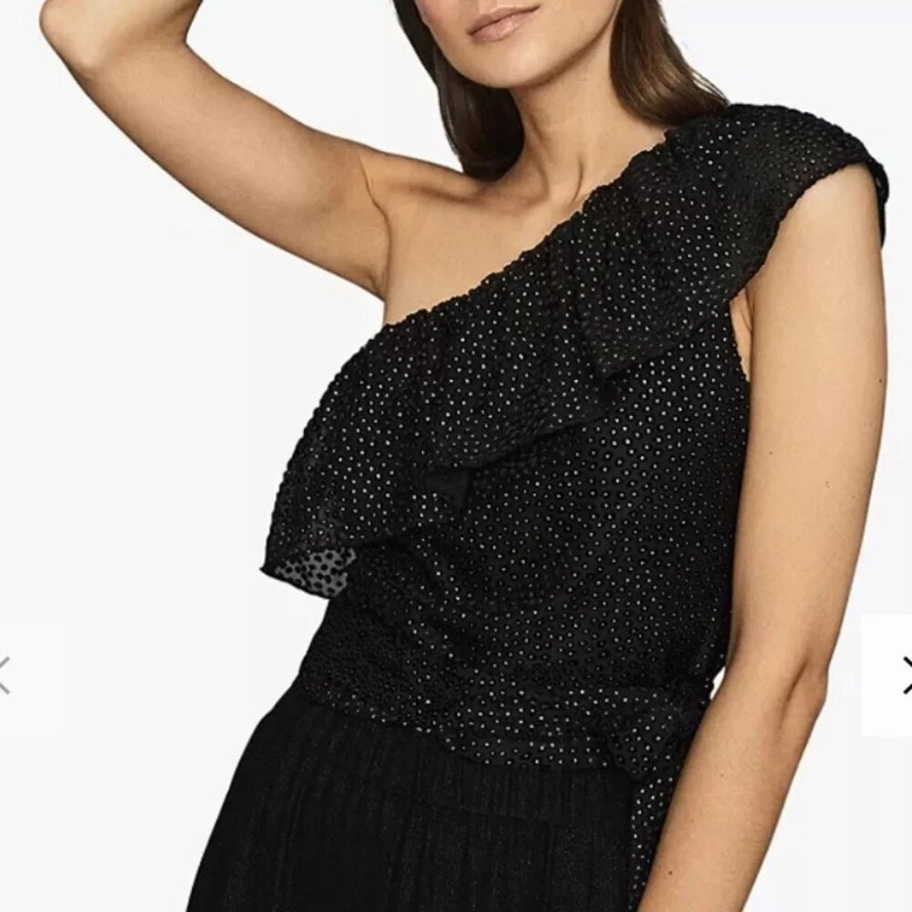 NWT Reiss Nora Metallic Spot Asymmetric Neck Tie Detail Top, Black/Gold size 10